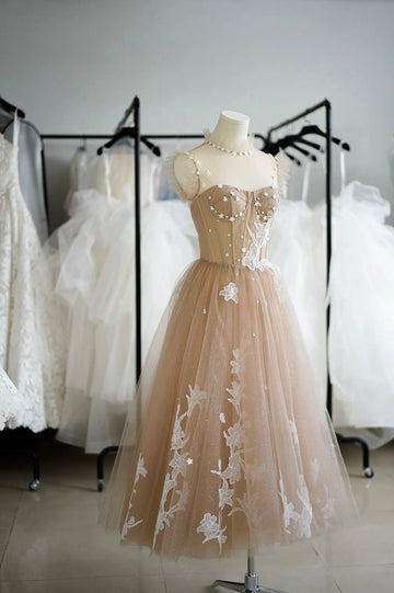 A Line Champagne Appliques Tulle Lace Short Prom Dress Homecoming Dress HZ1023